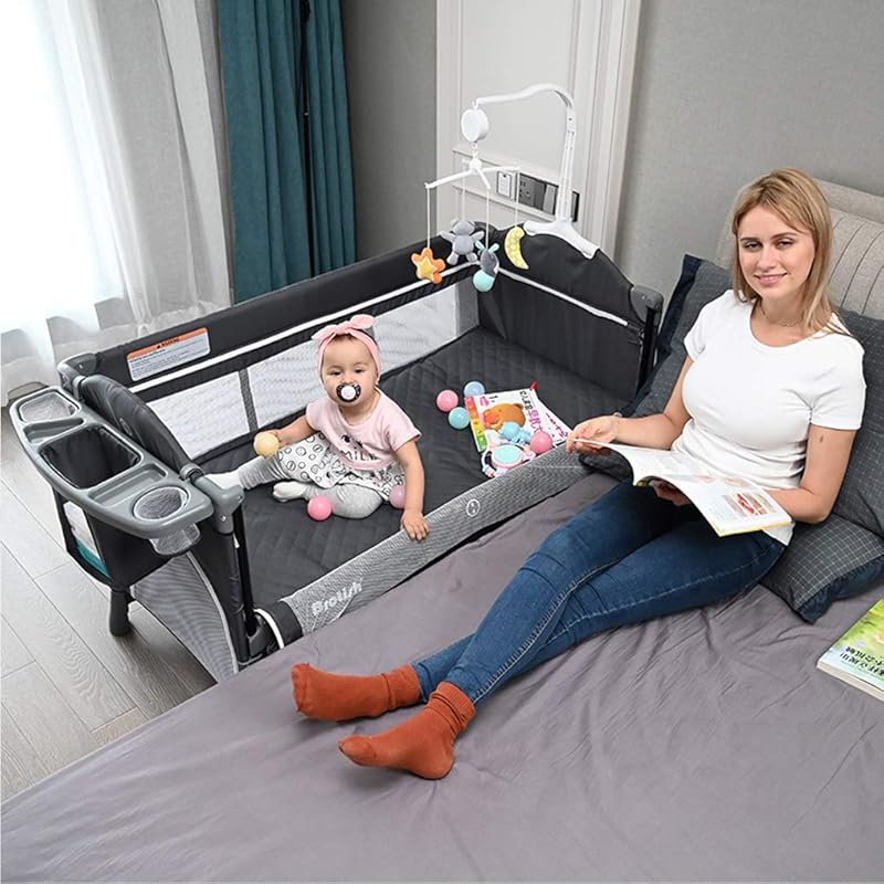 Wondc Crib Play Yard Baby Folding Playpen Compact Mini Crib Newborn Baby Bed Easy To Carry Co-sleeping Bed Cradle with Mattress With Casters, Fixing