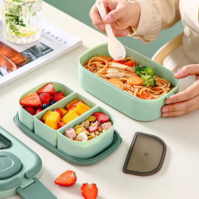 Многослойный герметичный ланч-бокс со столовыми приборами для школьников, пригодный для использования в микроволновой печи