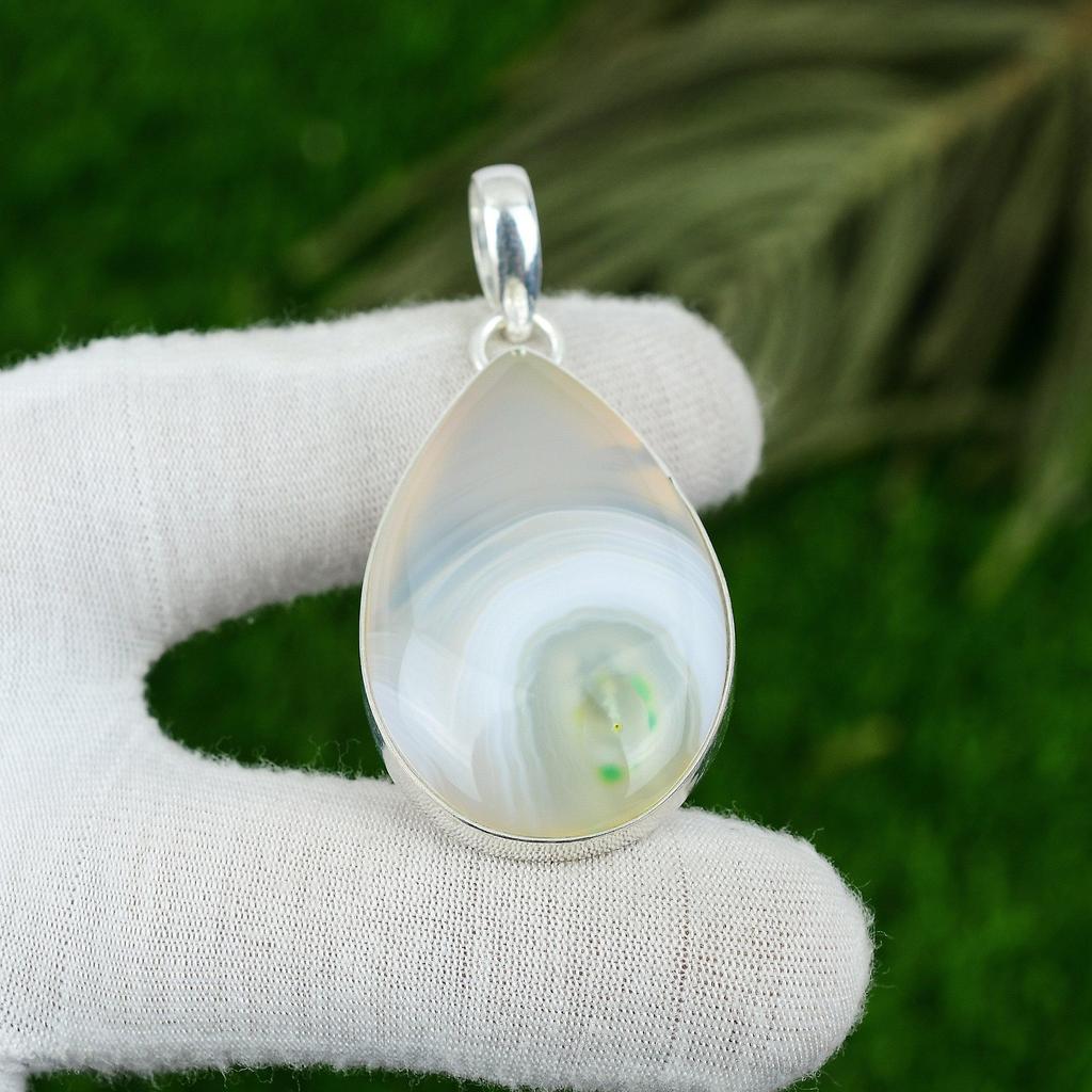 925 Silver Botswana Agate Gemstone Art Deco Sister Anniversary Pendant Jewelry