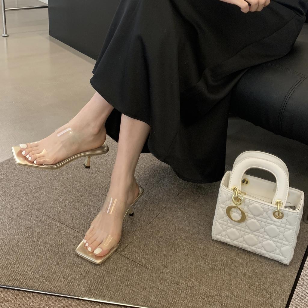 Легкие и стильные прозрачные босоножки на высоком каблуке для женщин, желающих похудеть, лето 2025 года, новые туфли на тонком каблуке средней высоты с квадратным носком
