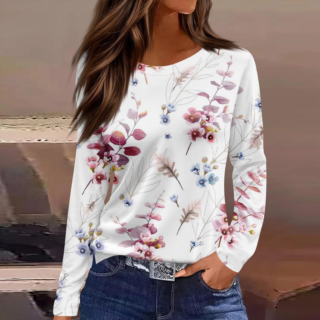 Женская модная повседневная свободная футболка с принтом и круглым вырезом с разрезом и длинным рукавом, женский топ