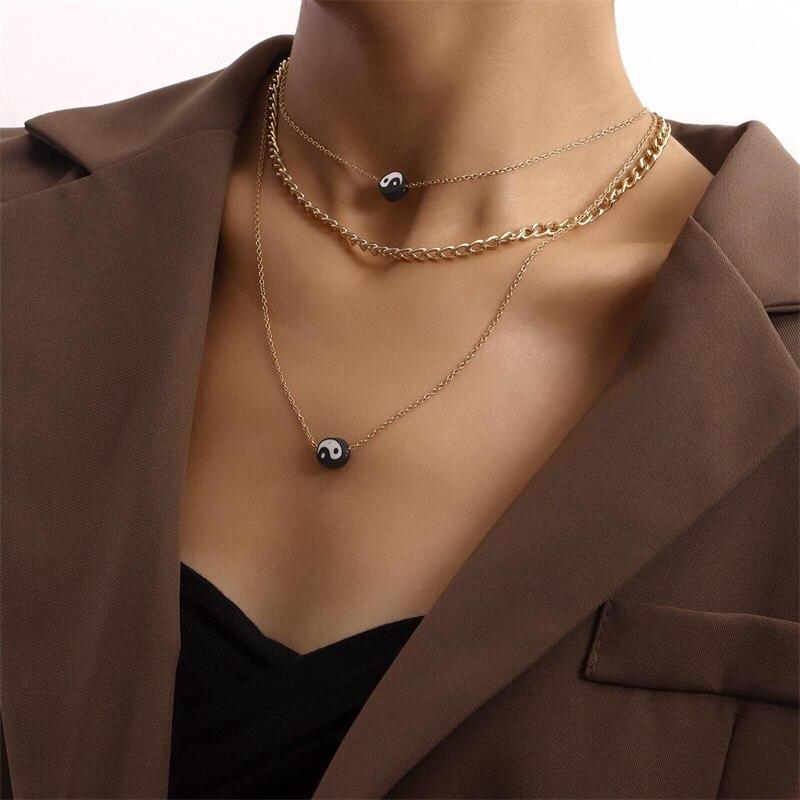 iF ME Корейское простое ожерелье с подвеской в ​​стиле Тай-Чи для женщин, черное, белое, золотое, многослойное колье, вечерние ювелирные изделия, подарки