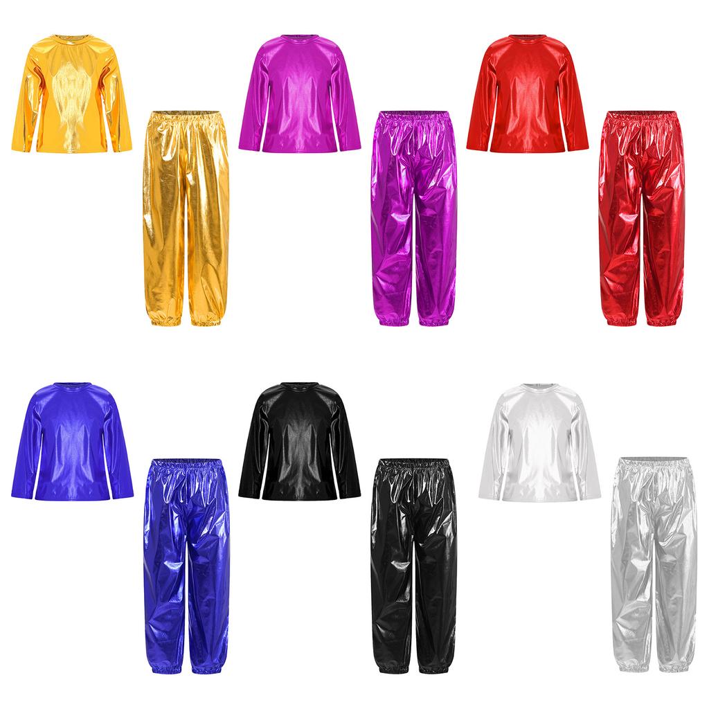 Girls Dance Party Outfit Metallic Shiny Long Sleeve Round Neck T Shirt with Performance Pants Set