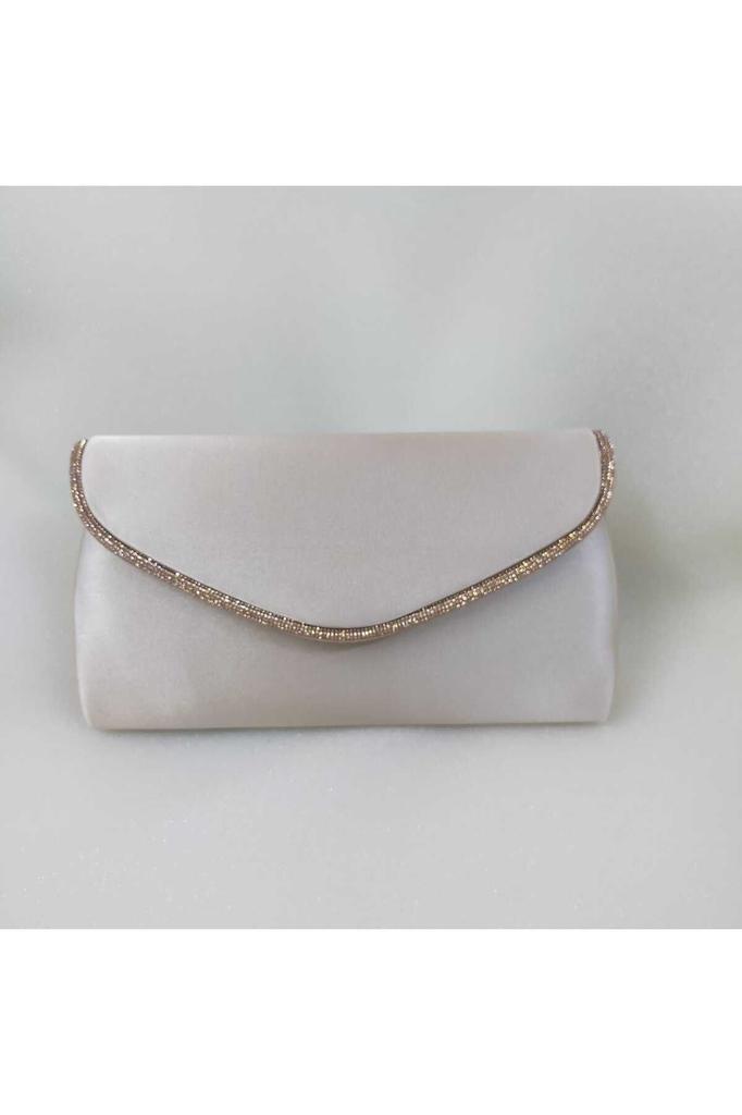 Women's Stylish and Useful Evening Dress Bag Shiny Beige Satin Silver Stone Evening Bag