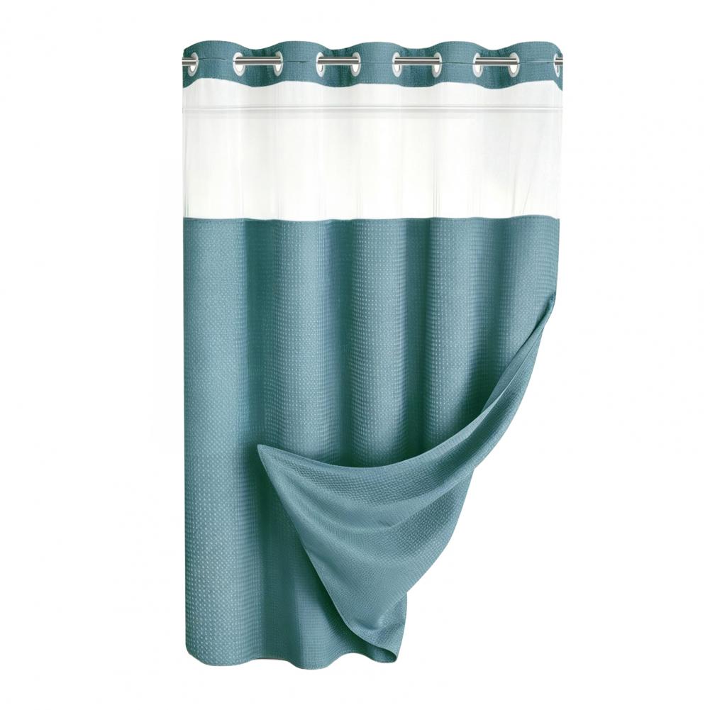 Waterproof Shower Curtain With Translucent Mesh Top And Snap On Liner Hookless Design