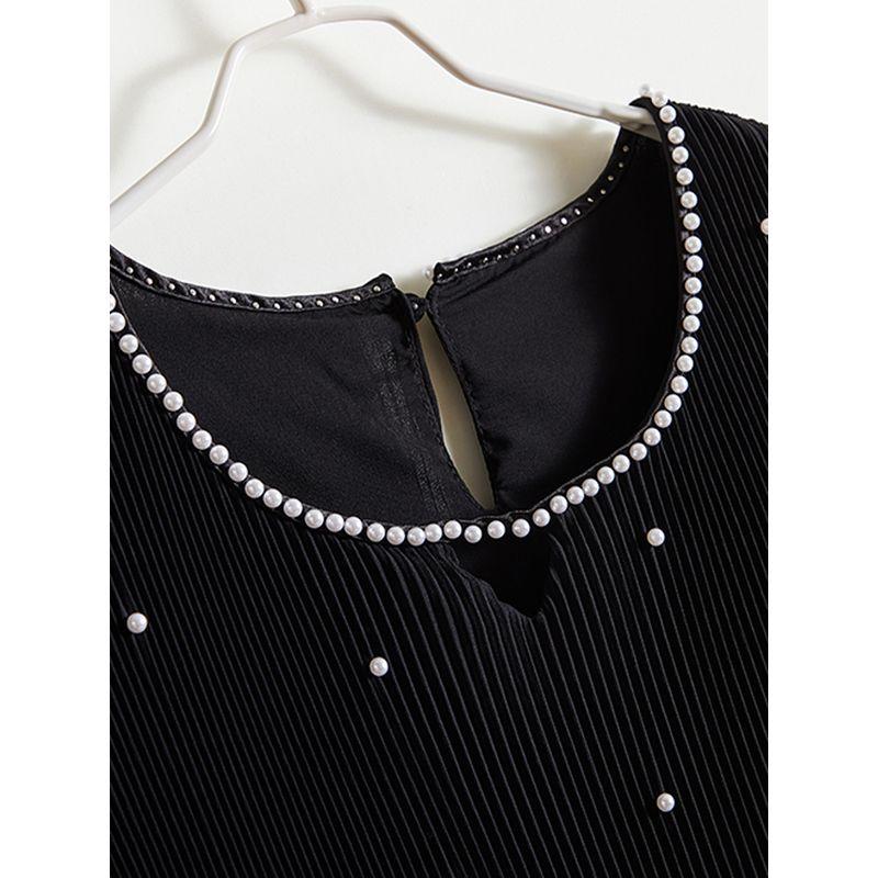 Japan Foreign Trade Order! Ten Thousand Yuan Top Goods White Pearl Round Neck High Elasticity Inclusive Pleat Dress Women's Short Skirt Summer