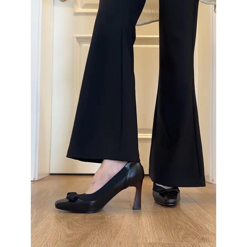 Sheepskin Version~ Square Head Single Shoes Women's Bow Shallow Mouth Evening Shoes Temperament Is Not Tired Feet Thick Heels High Heels