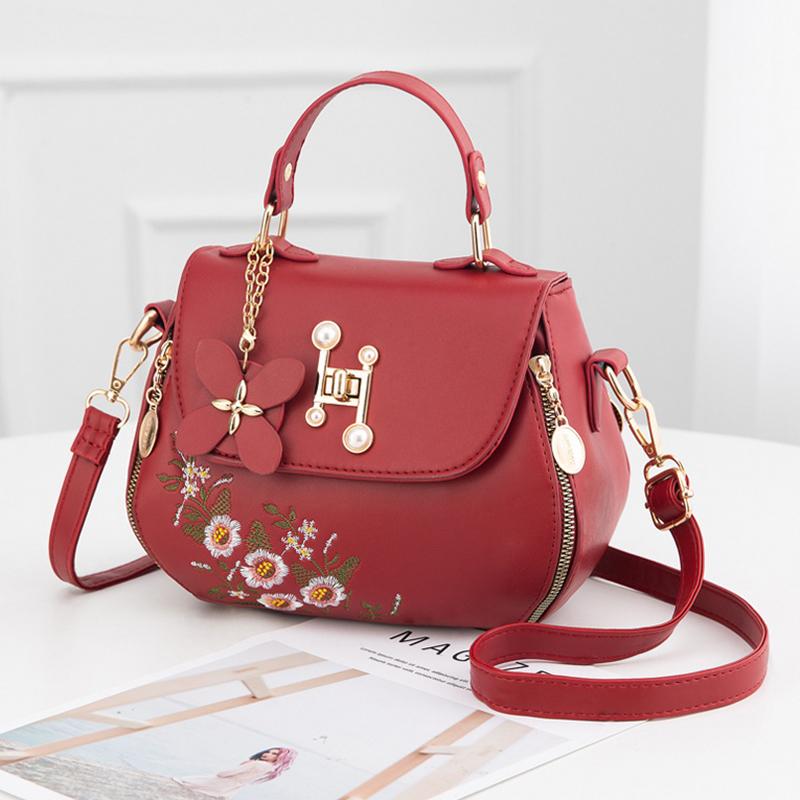 Вышитая Сумка Женская Сумка Новая Сетевая Красная Модная Сумка Через Плечо Универсальная Кожа PU Сумка на Плечо MIT