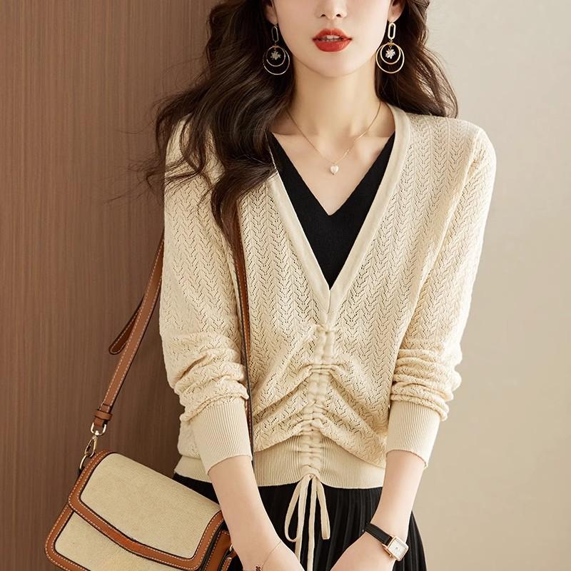 Spring and Autumn Women's Hollow V-neck Knit Sweater Loose Thin Sweater