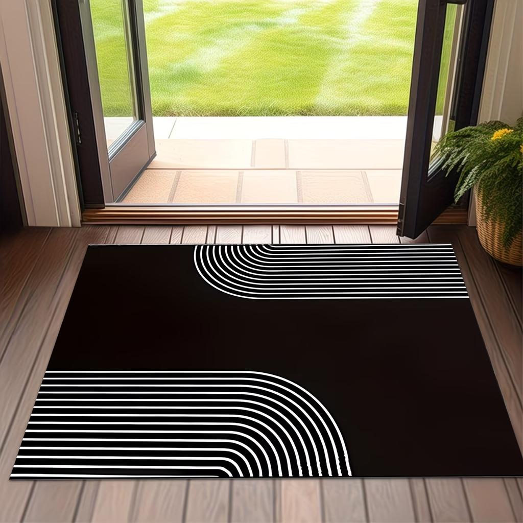 Modern Black and White Geometric Door Mat - Non-Slip Minimalist Arch Line Entryway Rug - Stylish Decorative Indoor Floor Carpet