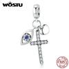 WOSTU 100% Real 925 Sterling Silver Cross Charm Zircon Bead Crosses Pendant Fit Original Bracelet DIY Necklace Religion Jewelry