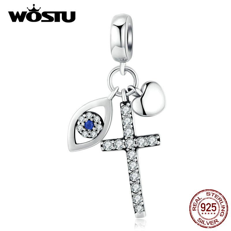 WOSTU 100% Real 925 Sterling Silver Cross Charm Zircon Bead Crosses Pendant Fit Original Bracelet DIY Necklace Religion Jewelry