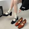 French Xiaoxiangfeng Women's Shoes 2024 Spring New Retro Shallow Mouth Matte Leather Mary Jane Shoes Square Head Thick Heel Single Shoes