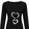 Женская весенне-осенняя футболка с узором в виде сердца, декор со стразами, длинный рукав, свободный средней длины, круглый вырез, мягкий дышащий пуловер, женский топ
