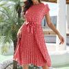 Весна Лето Женское Платье с Цветочным Кружевом Плиссированное Средней Длины с Коротким Рукавом Повседневная Мода