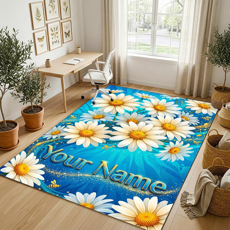 Floral Garden Theme Crystal Velvet Rug Personalized Custom Name Text Soft Floor Mat Home Decor
