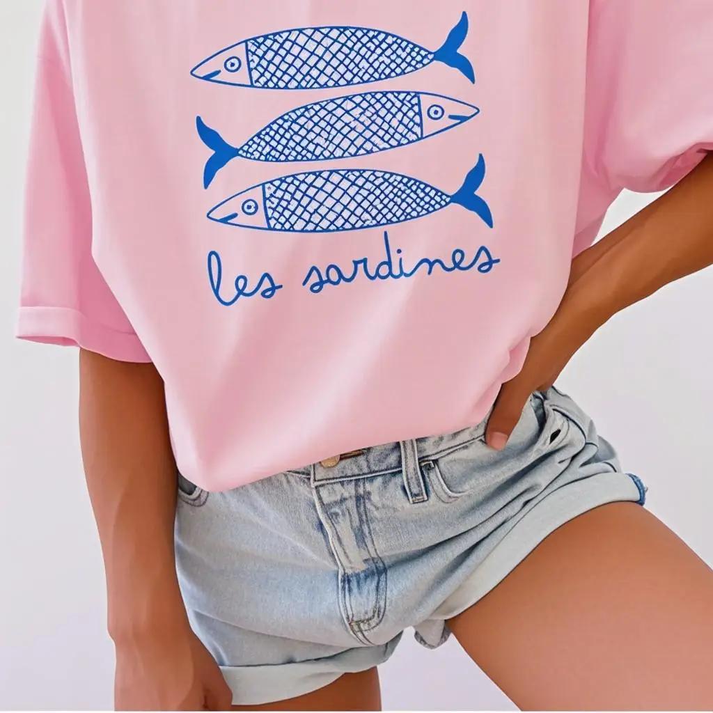 INAWLY Sardine Print Women T Shirt Canned Fish Casual Shirt Tomato Girl Coastal Summer Girl Fashionable Casual T-shirt