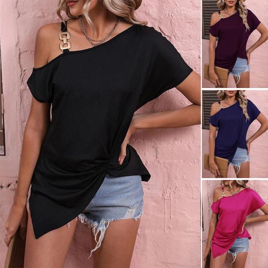 Цепной плечевой ремень с коротким рукавом, неровный подол, женская футболка с косым воротником, свободный топ на одно плечо