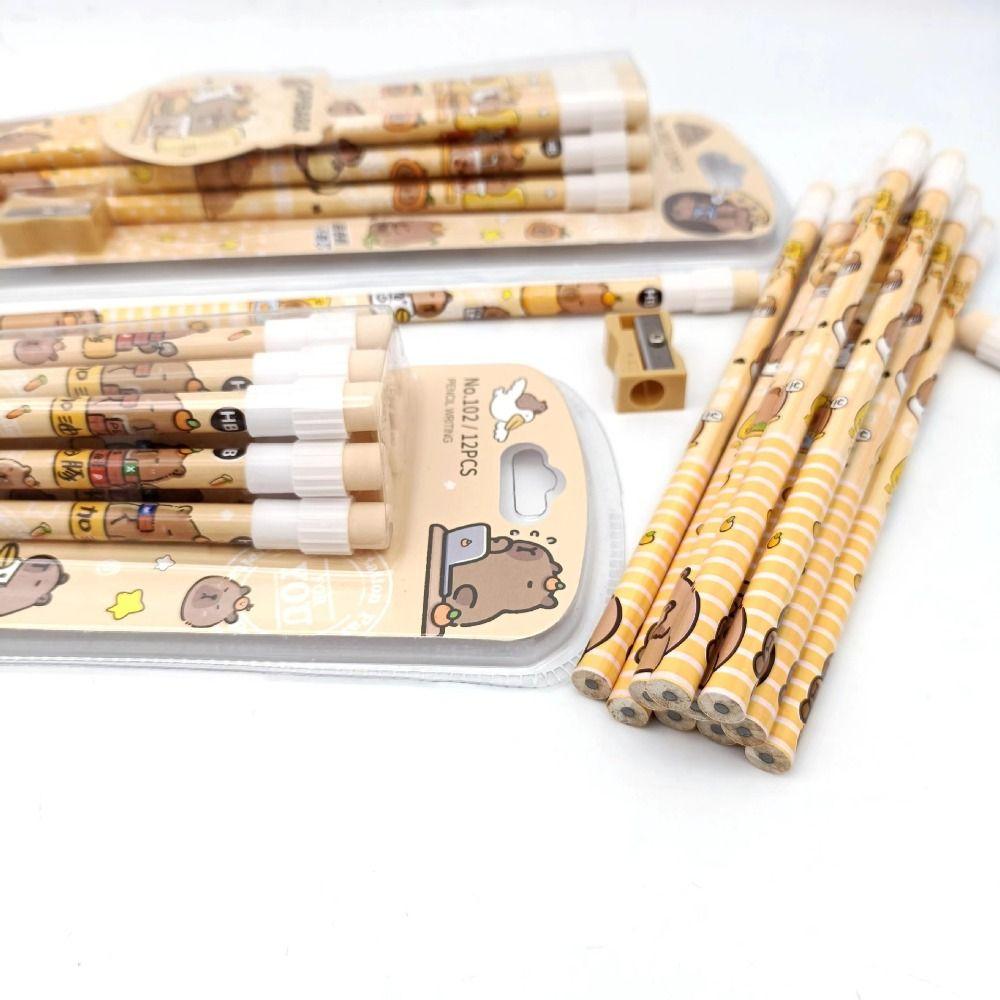 12 Pcs with Pencil Sharpener Capybara HB Pencils Cartoon Stationery Set School Office