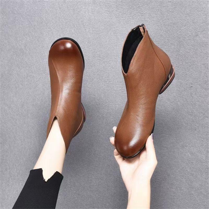 Винтажные коричневые кожаные ботинки женские на танкетке 2024 зимние теплые модные ретро-обувь женские ботинки на молнии на платформе женские