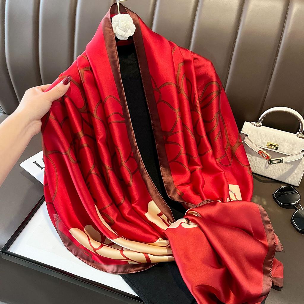 New Spring and Autumn Retro Floral Cranes Temperament Simulation Silk Large Long Scarf Sunscreen Outwear Shawl Female Silk Scarf