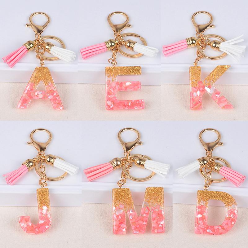 Материал из смолы с кисточкой, брелок с буквами алфавита, блестящий брелок, брелок с буквами, кулон на сумку, брелок с золотой фольгой и камнем