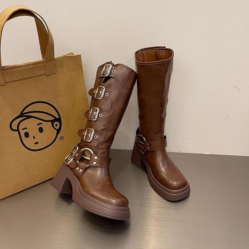 Мода Винтажные женские сапоги в стиле ковбойши Модные туфли с пряжкой на поясе Квадратный каблук Осень-зима Дамы Длинные сапоги в стиле рыцаря