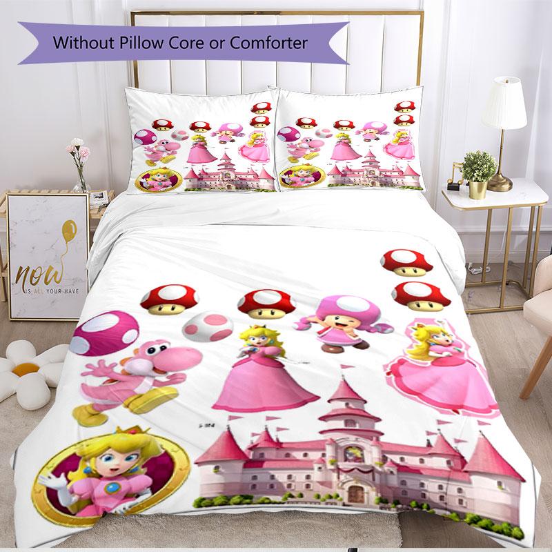 3pcs Duvet Cover Set (1*Duvet Cover + 2*Pillowcase, Without Core), Princess Peach Toadstool Print Soft All‑Season Bedding Set, Home Bedroom Decor Gift