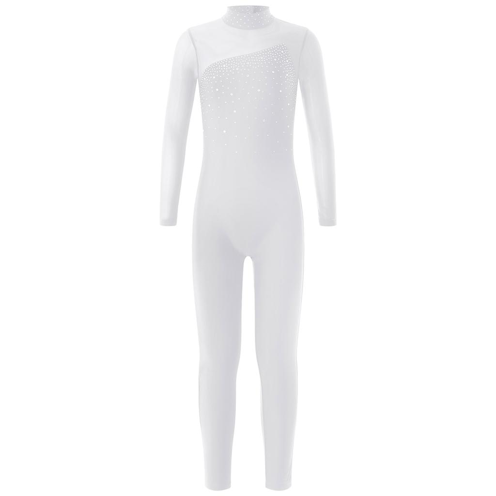 Kids Girls Long Sleeve Shiny Rhinestone Hollow Back Skating Leotard One Piece Gymnastic Jumpsuit