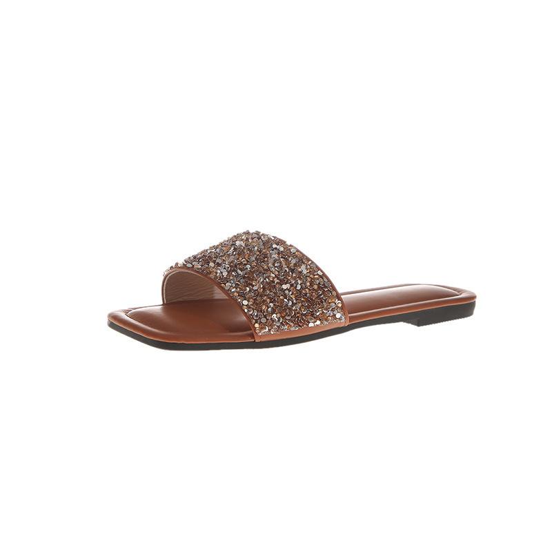 Модные женские сандалии 2024 года, лето, новый стиль, темперамент, блестки, одна линия, плоская подошва, пляжные универсальные тапочки, большой размер