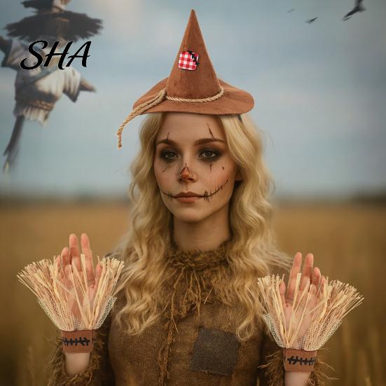 Elastic Headband for Costumes Scarecrow Costume Set, with Pointed Hat And Straw Retro Pieces Bracelets, Halloween Cosplay Farm Party Accessories