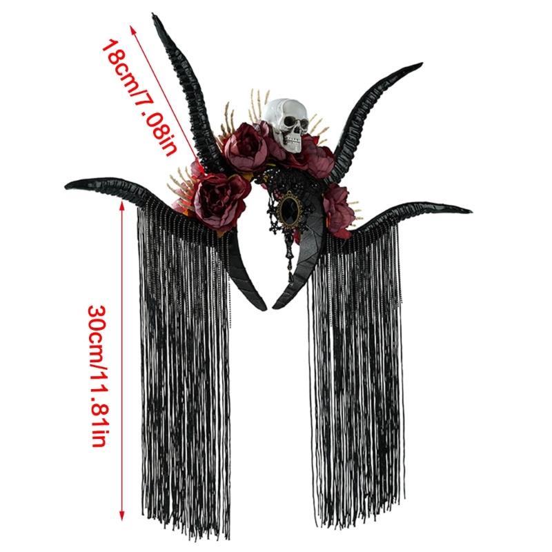 Dark Series Skull Antelope Horn Hairband With Skull Flower Design For Halloween Costume Party Dressingup Accessories