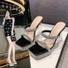 2025 Summer New Rhinestone One-word Strap High Heel Half-drag Women's Sandals High Heels Thin Heel Transparent Fairy Style Slippers