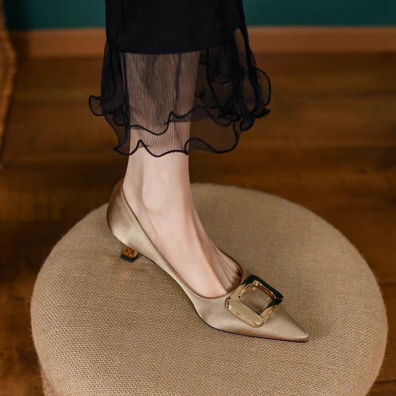 Soft Cowhide with Skirt High Heels Women's Spring and Autumn New Temperament Pointed Square Buckle Leather Single Shoes