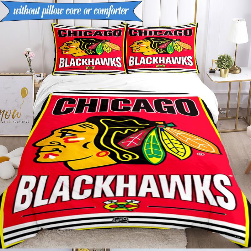 3PCS Chicago-Blackhawks Logo Bedding Set,Including 1pc Duvet Cover And 2pcs Pillowcases Perfect for Bedroom, Dormitory, Fan Christmas gift