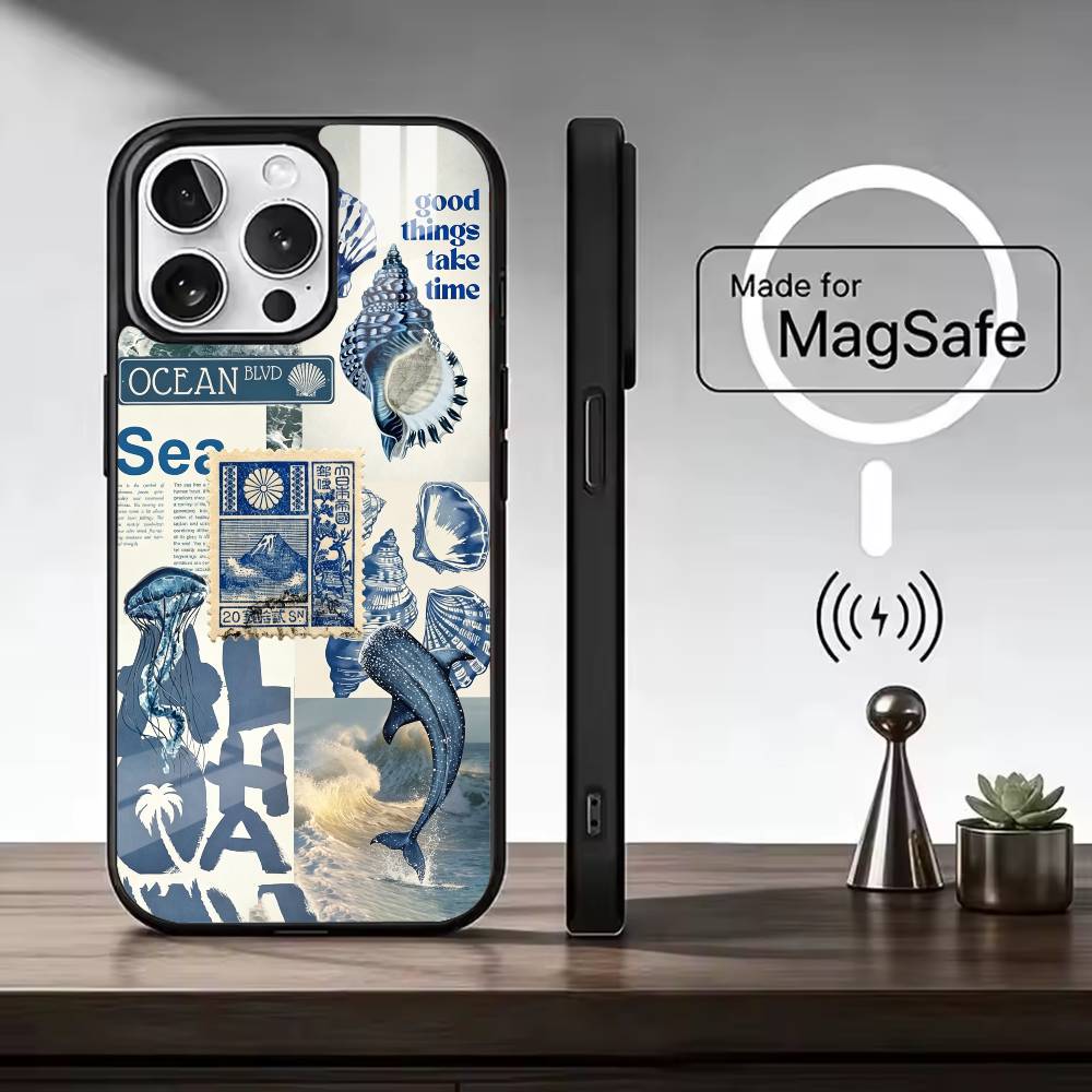 C-Cool Blue O-Ocean Retro Phone Case For iPhone17,16,15,14,13,12,11 Plus,Pro Magnetic with Magsafe Wireless Charging