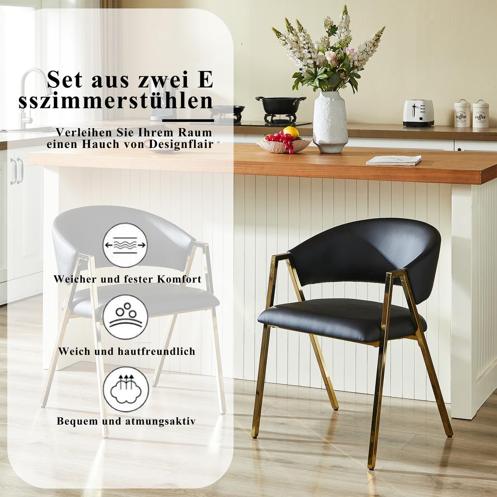 Set of 2 Dining Chairs in Black PU Leather, Luxurious Gold Metal Frame, Modern Minimalist Chair with Backrest, Suitable for Dining Room & Living Room