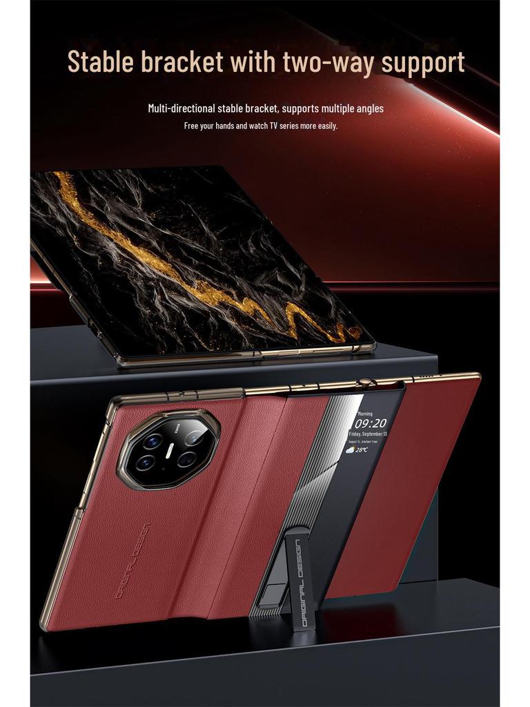 Кожаный чехол Huawei MateXT: Тройной чехол из натуральной коровьей кожи наппа с перфорацией, умным окном и кронштейном.