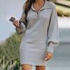 Knitting Dress Chic V-Neck Stretchy Winter Dress Casual Ribbed Edge Pure Color Mini Knitted Pullover Dress Knitting Dress Female Clothing