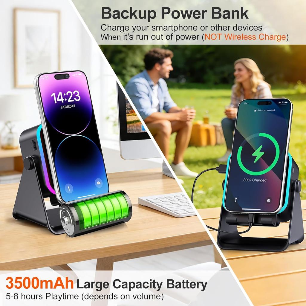 Wireless Bluetooth Induction Speaker, Phone Speaker Amplifier with Colorful Lights & 3500mAh Battery, Portable Phone Stand