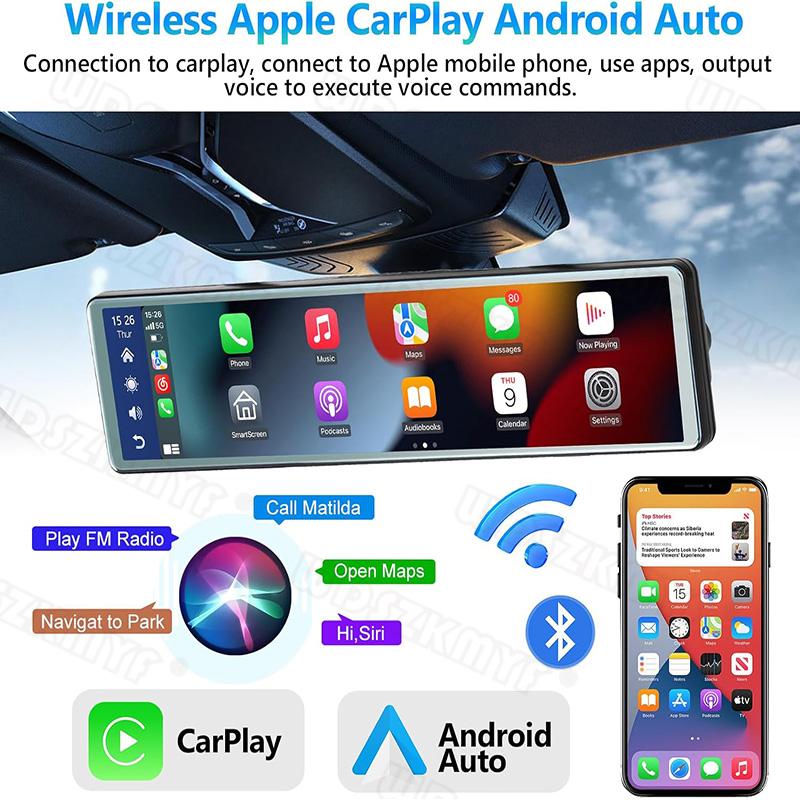 12inch Mirror Car DVR 4K Front and Rear Camera Wireless Carplay Android Auto Bluetooth FM Dash Cam for Car Camera for Vehicle