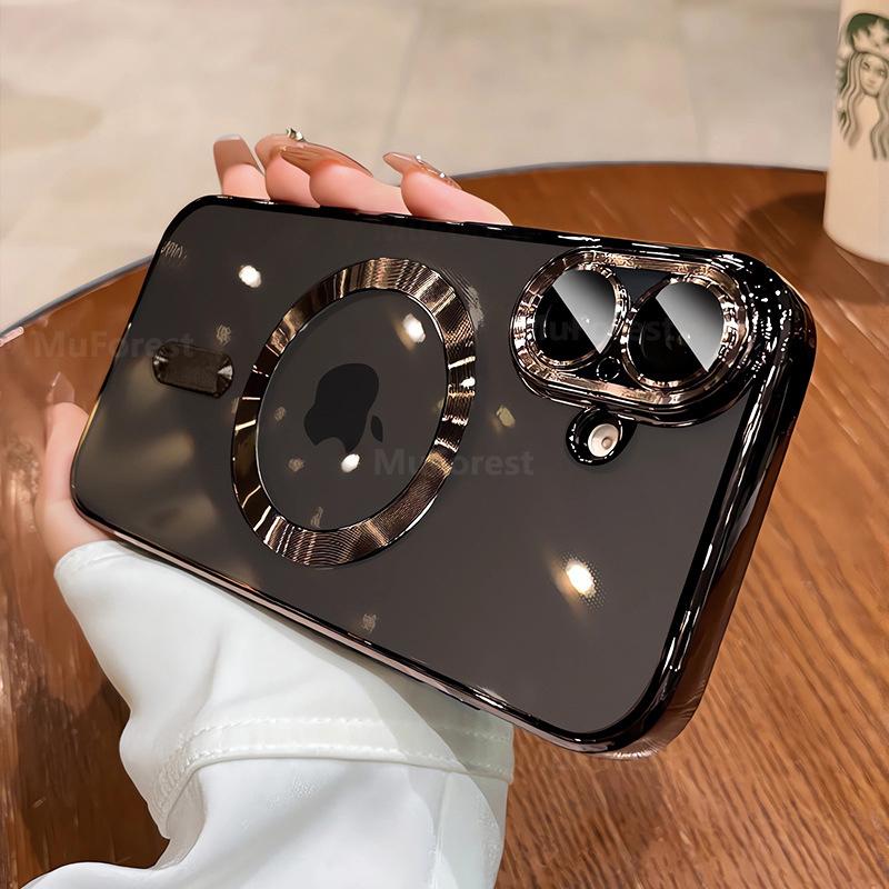 Luxury For Magsafe Magnetic For iPhone 16 15 14 13 12 11 Pro Max Plus Transparent Pink Soft Plating Lens Protection Case Cover