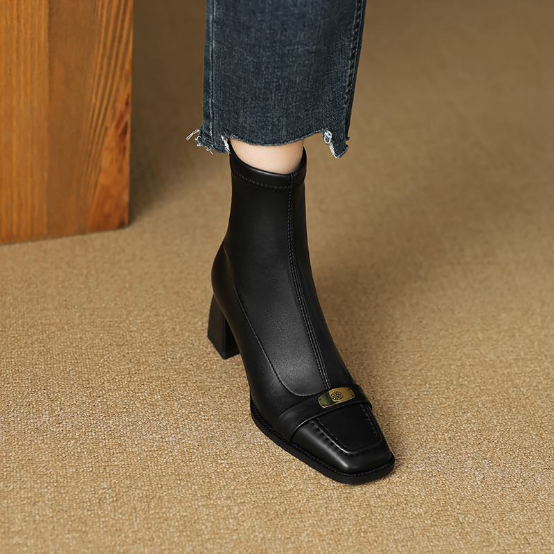 Krazing Pot Зимние короткие ботинки из микрофибры с квадратным носком и толстым каблуком, современные женские эластичные ботильоны с металлической застежкой, размер 42