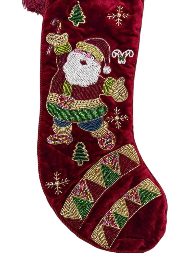 Handmade Beaded Santa Christmas Red Stocking – 21” Large Velvet Holiday Decor Fireplace Stocking Santa Claus Christmas Decoration & Gift Bag