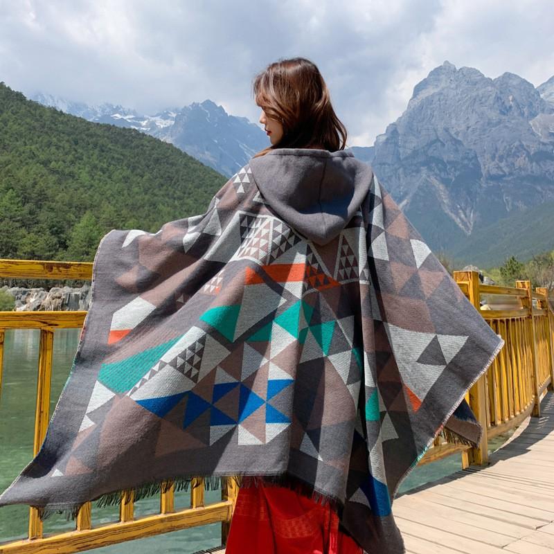 Warm Thick Plaid Hooded Cape Shawl Women Winter Cozy Wrap Scarf Lightweight Blanket Coat