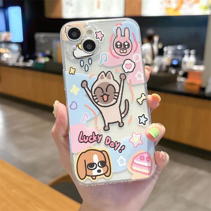 Мультяшный щенок котенок для чехла на телефон iPhone111/12 полный охват Apple 13/14/15/16 прозрачный мягкий