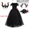 2-10Yrs Maleficent Girl Evil Queen Black Tutu Dress with Feather Scarf Halloween Villain Party Gothic Costume Gown Vestidos