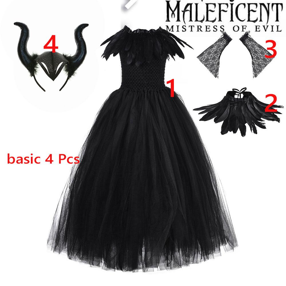 2-10Yrs Maleficent Girl Evil Queen Black Tutu Dress with Feather Scarf Halloween Villain Party Gothic Costume Gown Vestidos