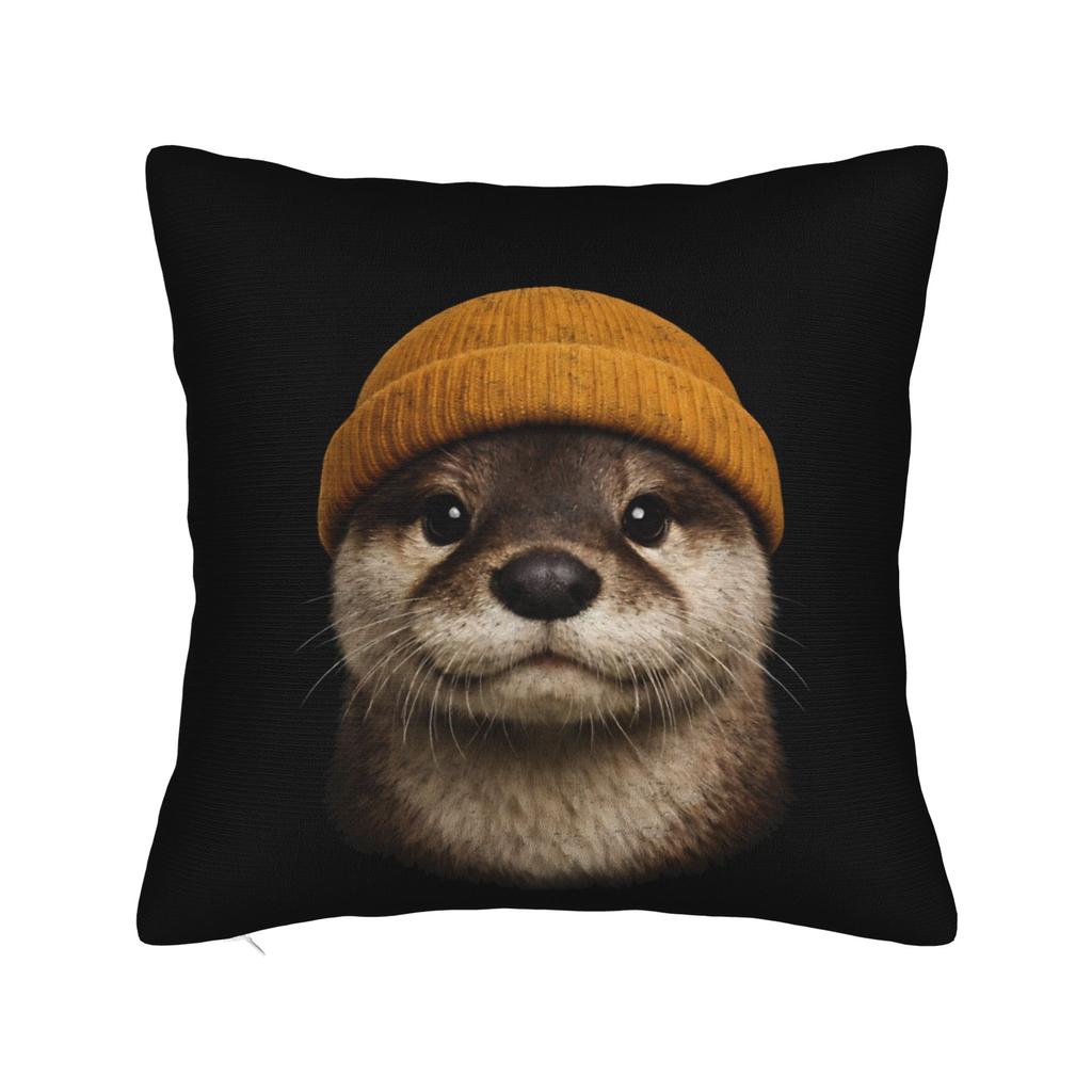 River Otter Wearing Beanie Vintage Wildlife Square Pillow Case Cushion Covers Creative Throw Pillow Case Cover for Bed