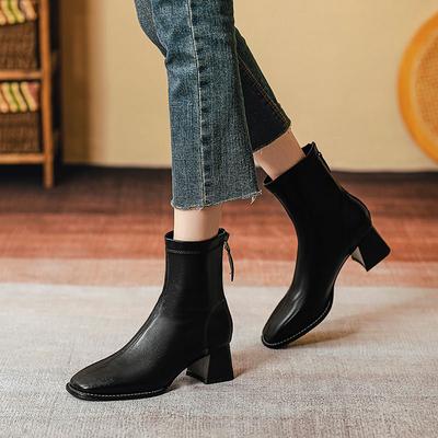 Квадратный носок короткие ботинки женские одинарные ботинки новые осенне-зимние ботинки мягкая кожа задняя молния средний каблук средняя голень тонкие ботинки